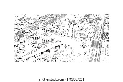 Building view with landmark of Riga, Latvia’s capital, is set on the Baltic Sea at the mouth of the River Daugava. Hand drawn sketch illustration in vector.