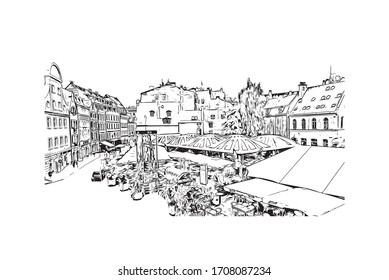 Building view with landmark of Riga, Latvia’s capital, is set on the Baltic Sea at the mouth of the River Daugava. Hand drawn sketch illustration in vector.