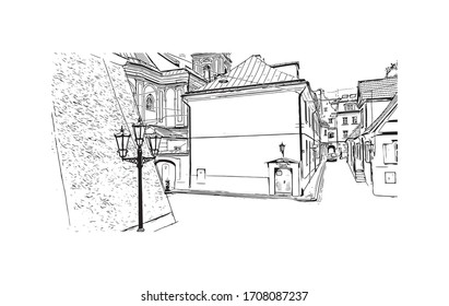 Building view with landmark of Riga, Latvia’s capital, is set on the Baltic Sea at the mouth of the River Daugava. Hand drawn sketch illustration in vector.
