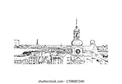 Building view with landmark of Riga, Latvia’s capital, is set on the Baltic Sea at the mouth of the River Daugava. Hand drawn sketch illustration in vector.