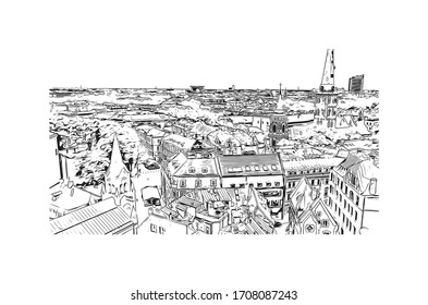 Las vistas al monumento de Riga, la capital de Letonia, se encuentran en el mar Báltico, en la desembocadura del río Daugava. Dibujo dibujado a mano en vector.