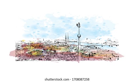 Building view with landmark of Riga, Latvia’s capital, is set on the Baltic Sea at the mouth of the River Daugava. Watercolor splash with Hand drawn sketch illustration in vector.