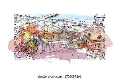 Las vistas al monumento de Riga, la capital de Letonia, se encuentran en el mar Báltico, en la desembocadura del río Daugava. Sacudida de color de agua con ilustración de esbozo dibujada a mano en vector.