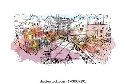 Las vistas al monumento de Riga, la capital de Letonia, se encuentran en el mar Báltico, en la desembocadura del río Daugava. Sacudida de color de agua con ilustración de esbozo dibujada a mano en vector.