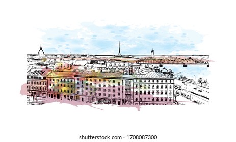 Building view with landmark of Riga, Latvia’s capital, is set on the Baltic Sea at the mouth of the River Daugava. Watercolor splash with Hand drawn sketch illustration in vector.