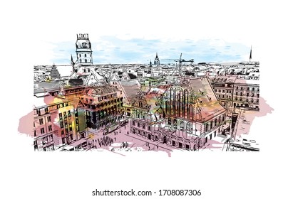 Das Gebäude mit Blick auf Riga, die Hauptstadt Lettlands, liegt an der Ostsee an der Mündung der Daugava. Wasserfarbspritzer mit handgezeichneter Skizzengrafik in der Vektorillustration.