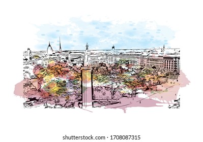 Las vistas al monumento de Riga, la capital de Letonia, se encuentran en el mar Báltico, en la desembocadura del río Daugava. Sacudida de color de agua con ilustración de esbozo dibujada a mano en vector.