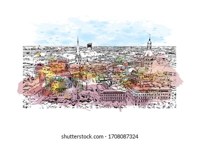 Building view with landmark of Riga, Latvia’s capital, is set on the Baltic Sea at the mouth of the River Daugava. Watercolor splash with Hand drawn sketch illustration in vector.