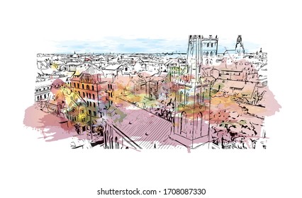 Las vistas al monumento de Riga, la capital de Letonia, se encuentran en el mar Báltico, en la desembocadura del río Daugava. Sacudida de color de agua con ilustración de esbozo dibujada a mano en vector.