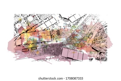 Las vistas al monumento de Riga, la capital de Letonia, se encuentran en el mar Báltico, en la desembocadura del río Daugava. Sacudida de color de agua con ilustración de esbozo dibujada a mano en vector.