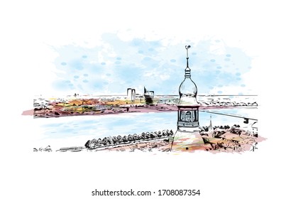 Building view with landmark of Riga, Latvia’s capital, is set on the Baltic Sea at the mouth of the River Daugava. Watercolor splash with Hand drawn sketch illustration in vector.