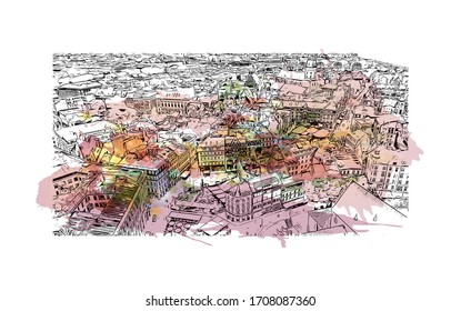 Building view with landmark of Riga, Latvia’s capital, is set on the Baltic Sea at the mouth of the River Daugava. Watercolor splash with Hand drawn sketch illustration in vector.