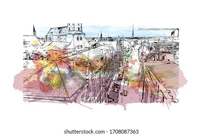 Building view with landmark of Riga, Latvia’s capital, is set on the Baltic Sea at the mouth of the River Daugava. Watercolor splash with Hand drawn sketch illustration in vector.