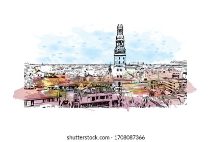 Building view with landmark of Riga, Latvia’s capital, is set on the Baltic Sea at the mouth of the River Daugava. Watercolor splash with Hand drawn sketch illustration in vector.