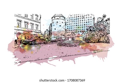 Building view with landmark of Riga, Latvia’s capital, is set on the Baltic Sea at the mouth of the River Daugava. Watercolor splash with Hand drawn sketch illustration in vector.