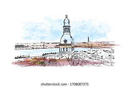 Building view with landmark of Riga, Latvia’s capital, is set on the Baltic Sea at the mouth of the River Daugava. Watercolor splash with Hand drawn sketch illustration in vector.