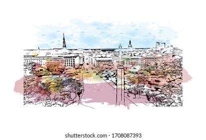 Building view with landmark of Riga, Latvia’s capital, is set on the Baltic Sea at the mouth of the River Daugava. Watercolor splash with Hand drawn sketch illustration in vector.