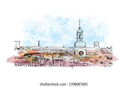 Das Gebäude mit Blick auf Riga, die Hauptstadt Lettlands, liegt an der Ostsee an der Mündung der Daugava. Wasserfarbspritzer mit handgezeichneter Skizzengrafik in der Vektorillustration.