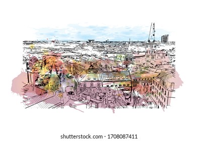 Las vistas al monumento de Riga, la capital de Letonia, se encuentran en el mar Báltico, en la desembocadura del río Daugava. Sacudida de color de agua con ilustración de esbozo dibujada a mano en vector.