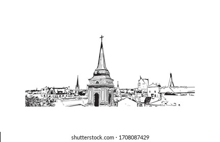Building view with landmark of Riga, Latvia’s capital, is set on the Baltic Sea at the mouth of the River Daugava. Hand drawn sketch illustration in vector.