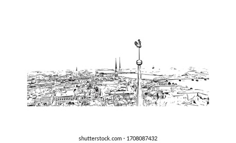 Las vistas al monumento de Riga, la capital de Letonia, se encuentran en el mar Báltico, en la desembocadura del río Daugava. Dibujo dibujado a mano en vector.
