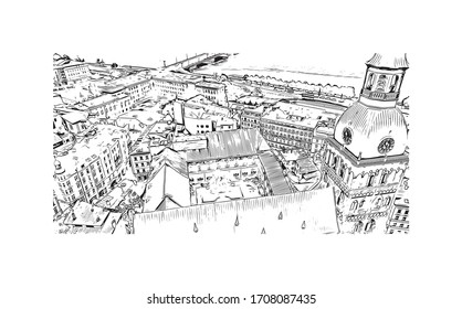 Las vistas al monumento de Riga, la capital de Letonia, se encuentran en el mar Báltico, en la desembocadura del río Daugava. Dibujo dibujado a mano en vector.