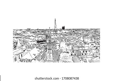 Building view with landmark of Riga, Latvia’s capital, is set on the Baltic Sea at the mouth of the River Daugava. Hand drawn sketch illustration in vector.