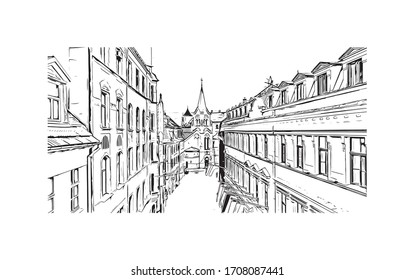 Building view with landmark of Riga, Latvia’s capital, is set on the Baltic Sea at the mouth of the River Daugava. Hand drawn sketch illustration in vector.