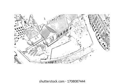 Las vistas al monumento de Riga, la capital de Letonia, se encuentran en el mar Báltico, en la desembocadura del río Daugava. Dibujo dibujado a mano en vector.