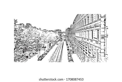 Das Gebäude mit Blick auf Riga, die Hauptstadt Lettlands, liegt an der Ostsee an der Mündung der Daugava. Handgezeichnete Skizzengrafik in der Vektorillustration.