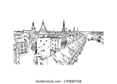 Building view with landmark of Riga, Latvia’s capital, is set on the Baltic Sea at the mouth of the River Daugava. Hand drawn sketch illustration in vector.