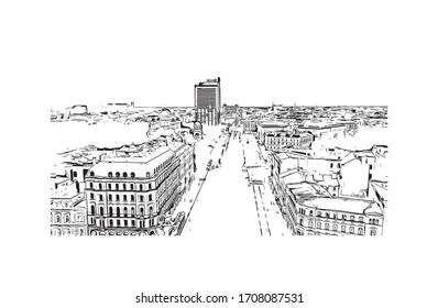 Building view with landmark of Riga, Latvia’s capital, is set on the Baltic Sea at the mouth of the River Daugava. Hand drawn sketch illustration in vector.