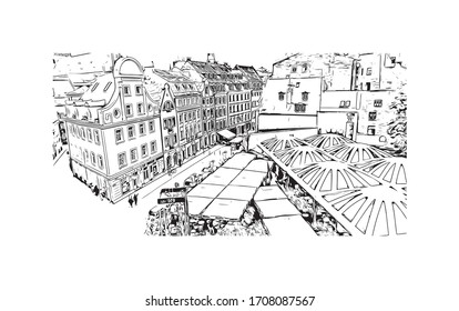 Building view with landmark of Riga, Latvia’s capital, is set on the Baltic Sea at the mouth of the River Daugava. Hand drawn sketch illustration in vector.