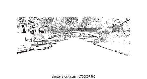 Las vistas al monumento de Riga, la capital de Letonia, se encuentran en el mar Báltico, en la desembocadura del río Daugava. Dibujo dibujado a mano en vector.