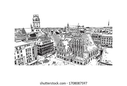 Building view with landmark of Riga, Latvia’s capital, is set on the Baltic Sea at the mouth of the River Daugava. Hand drawn sketch illustration in vector.