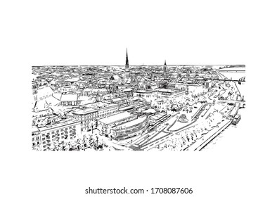 Building view with landmark of Riga, Latvia’s capital, is set on the Baltic Sea at the mouth of the River Daugava. Hand drawn sketch illustration in vector.