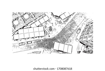 Las vistas al monumento de Riga, la capital de Letonia, se encuentran en el mar Báltico, en la desembocadura del río Daugava. Dibujo dibujado a mano en vector.
