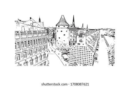 Building view with landmark of Riga, Latvia’s capital, is set on the Baltic Sea at the mouth of the River Daugava. Hand drawn sketch illustration in vector.