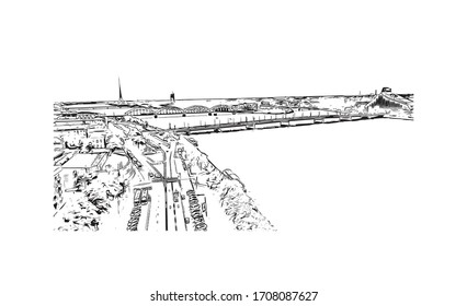 Building view with landmark of Riga, Latvia’s capital, is set on the Baltic Sea at the mouth of the River Daugava. Hand drawn sketch illustration in vector.