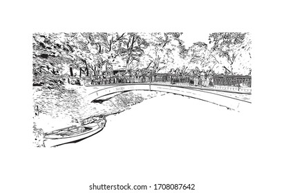 Building view with landmark of Riga, Latvia’s capital, is set on the Baltic Sea at the mouth of the River Daugava. Hand drawn sketch illustration in vector.