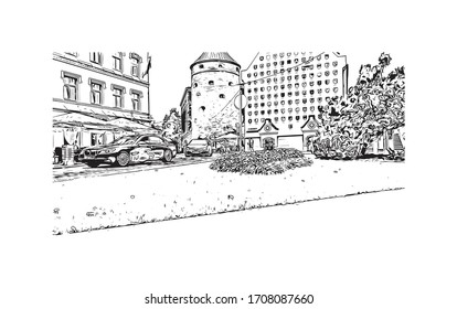 Building view with landmark of Riga, Latvia’s capital, is set on the Baltic Sea at the mouth of the River Daugava. Hand drawn sketch illustration in vector.