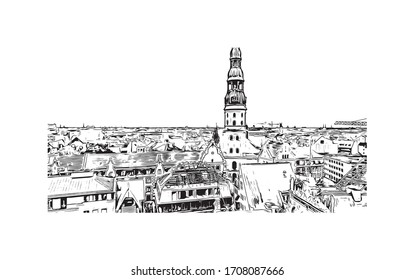 Building view with landmark of Riga, Latvia’s capital, is set on the Baltic Sea at the mouth of the River Daugava. Hand drawn sketch illustration in vector.