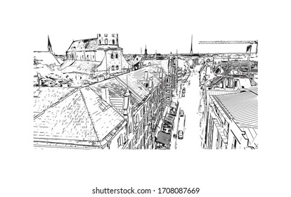 Building view with landmark of Riga, Latvia’s capital, is set on the Baltic Sea at the mouth of the River Daugava. Hand drawn sketch illustration in vector.