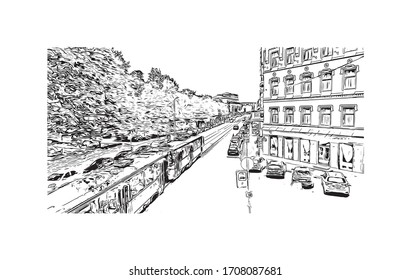 Building view with landmark of Riga, Latvia’s capital, is set on the Baltic Sea at the mouth of the River Daugava. Hand drawn sketch illustration in vector.