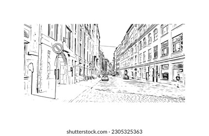 La capital de Letonia es el edificio con vistas a Riga. Dibujo a mano de ilustración de esbozo en vector.