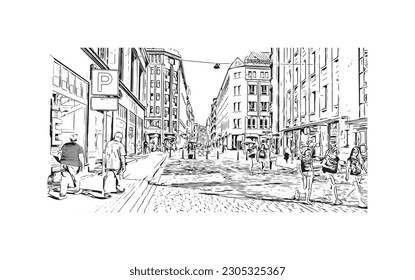 Building view with landmark of  Riga is the capital of Latvia. Hand drawn sketch illustration in vector.