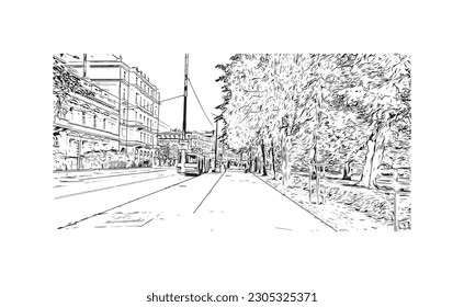 Building view with landmark of  Riga is the capital of Latvia. Hand drawn sketch illustration in vector.