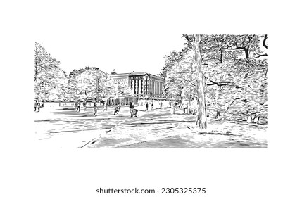 Building view with landmark of  Riga is the capital of Latvia. Hand drawn sketch illustration in vector.