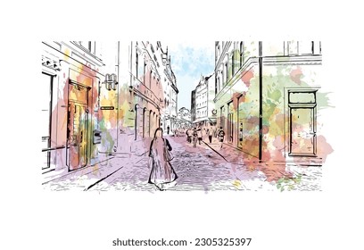 La capital de Letonia es el edificio con vistas a Riga. Salto de color de agua con ilustración de esbozo dibujada a mano en vector.