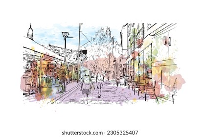 Building view with landmark of  Riga is the capital of Latvia. Watercolor splash with hand drawn sketch illustration in vector.